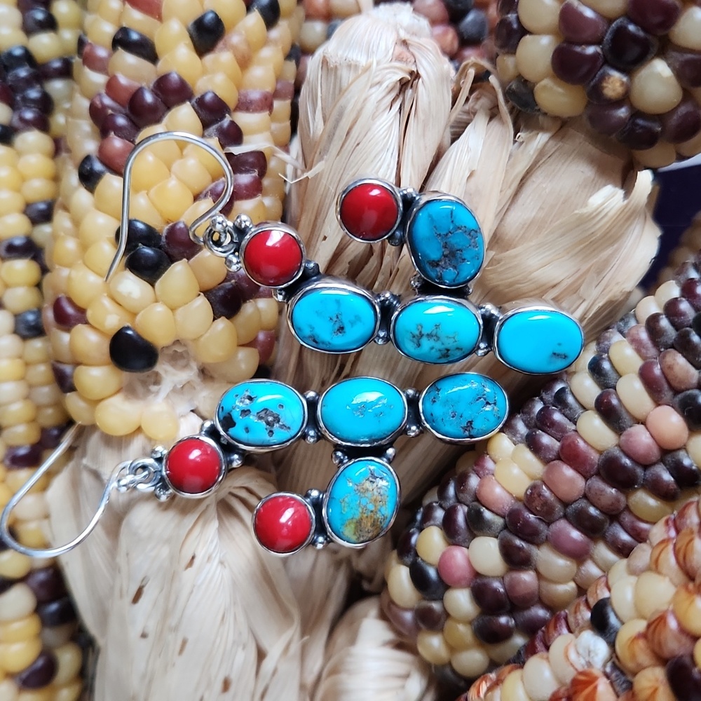 Stunning Native American Navajo Handmade Turquoise & Coral Cactus earrings 💙🌵❤